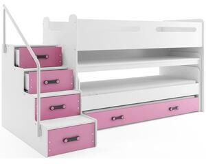 Detská poschodová posteľ s výsuvnou posteľou MAX I 80x200 cm - biela Ružová