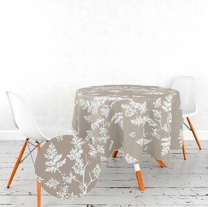 Ervi bavlnený obrus na stôl okrúhly - biele vetvičky na hnedom