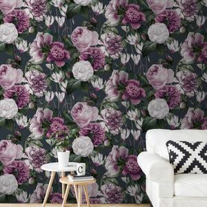 Papierové tapety na stenu IMPOL B15716, rozmer 10,05 m x 0,53 m, fialovo-ružové kvety na sivom podklade, IMPOL TRADE