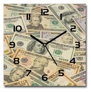Sklenené nástenné hodiny štvorec Peniaze doláre
