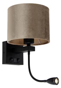 Nástenná lampa čierna s hnedým zamatovým tienidlom 18 cm - Brescia Combi