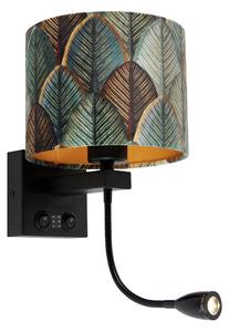 Nástenná lampa čierna s zamatovým tienidlom s dizajnom listu a zlatým vnútorným priestorom - Brescia Combi