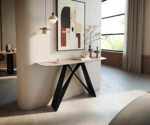 DELIFE Konzolový stolík Edge zaoblený 140×40 cm keramika Laminam® Travertino Bianco krémovo biela Velio kov čierna