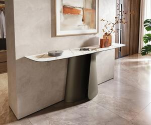 DELIFE Konzolový stolík Edge zaoblený tvar 180×40 cm keramika Calacatta Luxe bielo-zlato-šedá Livos kov titánová farba