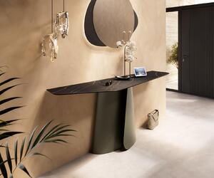 DELIFE Konzolový stolík Edge polygonálny 180×50 cm keramika Laminam® Noir Desir hnedá Livos kov titanová farba
