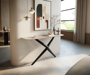 DELIFE Konzolový stolík Edge zaoblený 140×40 cm keramika Laminam® Travertino Bianco krémovo biela Estelo kov čierna