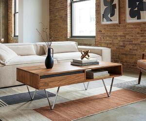 DELIFE Konferenčný stolík Stonegrace 115x60x35 cm akácia prírodná bridlica 2 zásuvky 1 priehradka