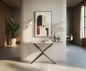 DELIFE Konzolový stolík Edge zaoblený 140×40 cm keramika Laminam® Travertino Bianco krémovo biela Estelo kov titánová farba