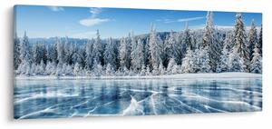 Obraz zamrznutého jazera a zasnežených stromov (120x50 cm)