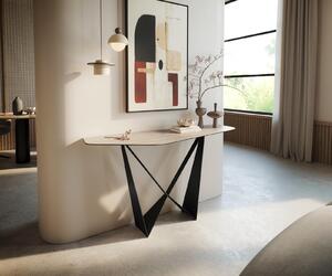 DELIFE Konzolový stolík Edge polygonálny 140×50 cm keramika Laminam® Travertino Bianco krémovo biela Spios kov čierna