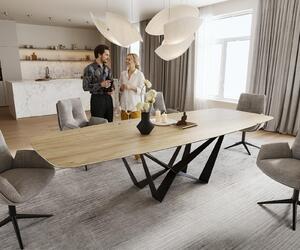 DELIFE Jedálenský stôl Edge zaoblený tvar 200-300×120 cm keramika Laminam® sabbia dubová farba pavúk plochá oceľ čierna rozkladací