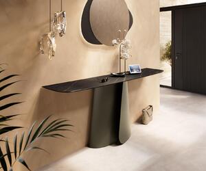 DELIFE Konzolový stolík Edge zaoblený 180×40 cm keramika Laminam® Noir Desir hnedá Livos kov titánová farba efekt