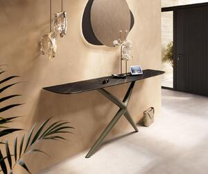 DELIFE Konzolový stolík Edge zaoblený tvar 180×40 cm keramika Laminam® Noir Desir hnedá Estelo kov titánová farba