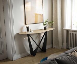 DELIFE Konzolový stolík Edge polygonálny 140×50 cm keramika Laminam® sabbia v dubovej farbe Spios kov čierna