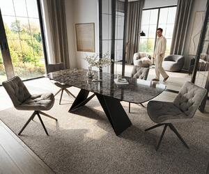 DELIFE Jedálenský stôl Edge zaoblený 180-220×100 cm keramika Emperador Extra Lucidato tmavohnedá podstava v tvare V plochá oceľ čierna rozkladací