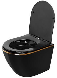 Rea - Závesná WC misa Carlo Mini Rimless Flat - čierna / zlatá