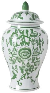Váza na kvety s vrchnákom biela a zelená porcelánová nádoba s vekom dekoratívny doplnok starožitný vintage dizajn