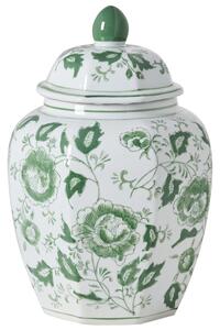 Váza na kvety s vrchnákom biela a zelená porcelánová nádoba s vekom dekoratívny doplnok starožitný vintage dizajn