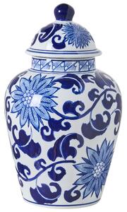 Váza na kvety s vrchnákom biela a modrá porcelánová nádoba s vekom dekoratívny doplnok starožitný vintage dizajn