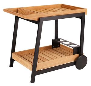 Stern Servírovací vozík Frido, Stern, 90x59x77 cm, rám lakovaný hliník black matt, dosky teak, vrátane koliesok a držiaka na fľaše