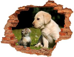 Diera 3D v stene nálepka Pes a mačka na lúke
