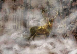 Fototapeta - Zlatý jeleň v hmlistom lese (254x184 cm)