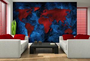 Fototapeta - Červená mapa sveta - modrý podklad (152,5x104 cm)