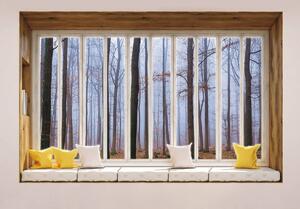 Fototapeta - Les zahalený v hmle - okno (152,5x104 cm)