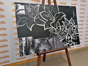 Obraz kvetinová ilustrácia v čiernobielom prevedení - 60x40