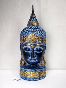 Soška BUDHA hlava, modrá/zlatá, exotické drevo, ručná práca