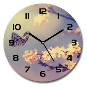 Sklenené hodiny okrúhle Kvet višne a motýľ