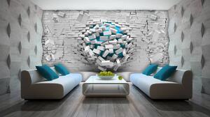 Fototapeta - 3D modrá lopta a biela tehlová stena (254x184 cm)
