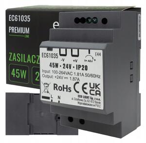 ECOLIGHT Napájanie na DIN lištu - 24V 45W 1,87A pre IP20 PREMIUM LED pásik