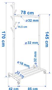 ViaDomo Via Domo - Pojazdný kovový vešiak s botníkom Libellula - biela - 85x170x42 cm