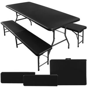 Záhradný rozkladací stôl 180cm + 2 lavice - čierny