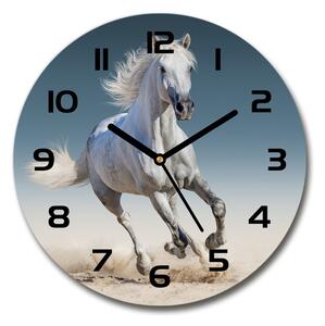 Sklenené hodiny okrúhle Biely kôň v cvale