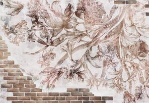 Fototapeta - Kvetinová freska na tehlovej stene (147x102 cm)