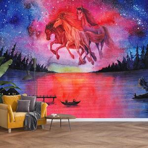 Fototapeta - Zjavenie vesmírnych koní nad jazerom, aquarel (147x102 cm)