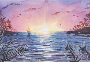 Fototapeta - Západ slnka nad vodou, aquarel (147x102 cm)