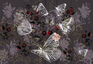 Fototapeta - Vintage motýle s kvetinami, fialová (147x102 cm)