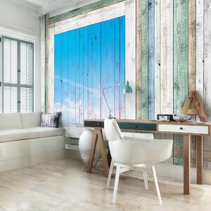 Fototapeta - Drevené dosky - modré okno (152,5x104 cm)