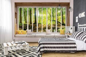Fototapeta - Slnečný výhľad do lesa - okno (152,5x104 cm)