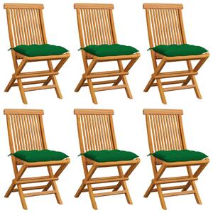 Záhradné stoličky so zelenými podložkami 6 ks tíkový masív