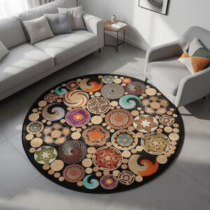 ASIR Kulatý koberec (90 cm) HMNT971 černý – mandaly a ornamenty