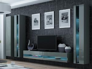 Stena do obývacej izby s LED modrým osvetlením ASHTON N6 - šedá / lesklá šedá