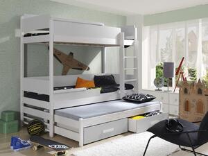 Detská poschodová posteľ pre troch 90x200 MEDEBACH - biela / šedá, pravé prevedenie
