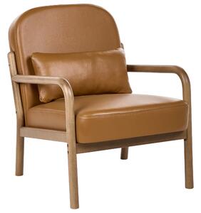Kreslo zlatohnedé kožené čalúnenie drevený rám s vankúšom mid-century modern štýl obývacia izba