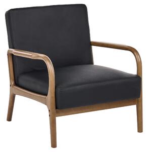 Kreslo čierne kožené čalúnenie drevený rám s podrúčkami mid-century modern štýl obývacia izba