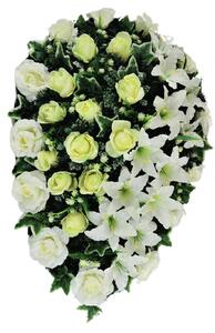 Smútočný veniec s umelými ružami a ľaliami 100cm x 70cm biely, krémová, zelená