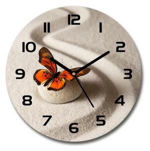 Sklenené hodiny okrúhle Kameň zen a motýľ